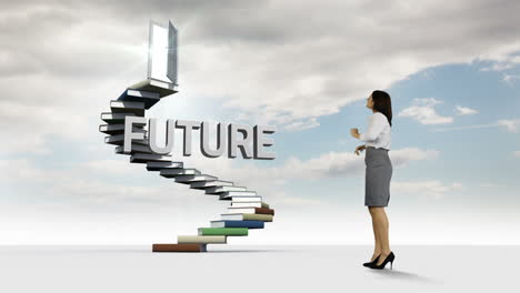 businesswoman looking at steps made of books with a floating word in the sky