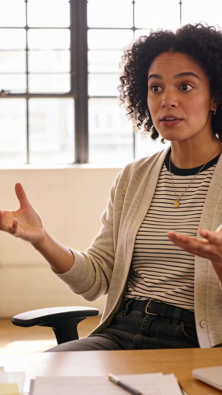 Vidéo verticale : Une femme en chemise rayée commence à parler, expliquant un point avec un stylo à son bureau.