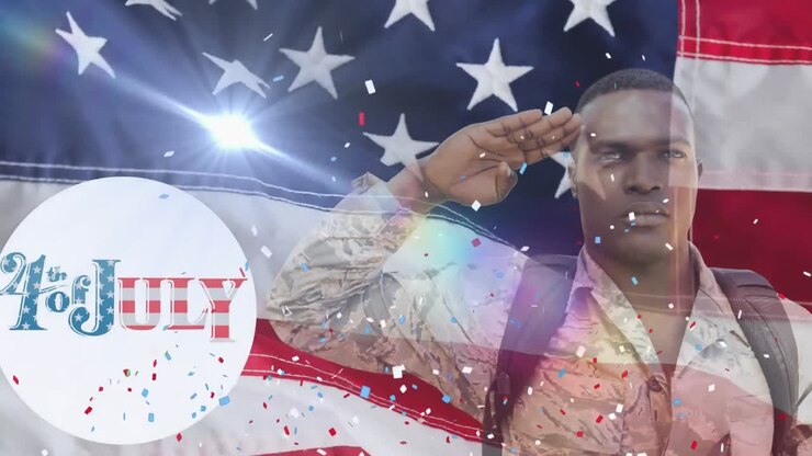 Animation of fourth of july text over soldier saluting and american flag