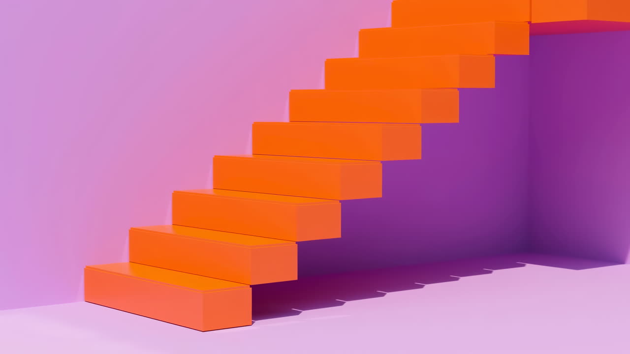 Bold Orange Staircase Against Pink Purple Backdrop, Clean Geometric Steps With Sharp Shadows, Minimalist