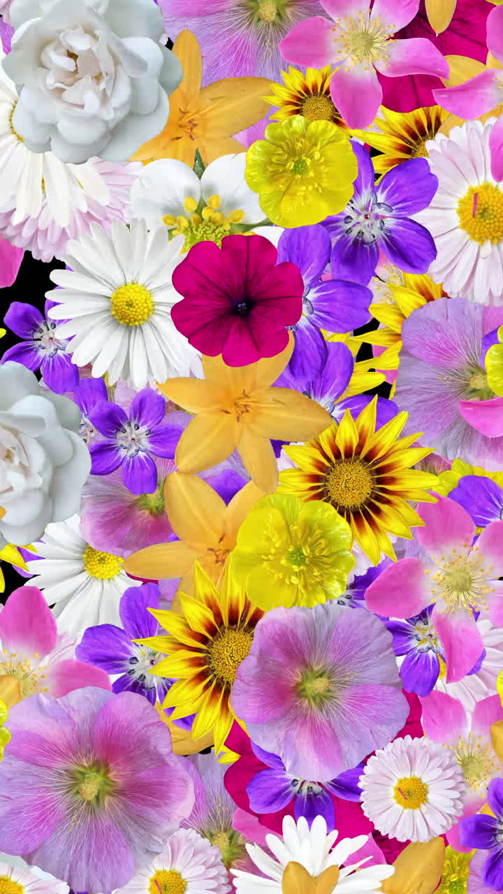 Fiori vivaci che sbocciano e appassiscono su sfondo nero