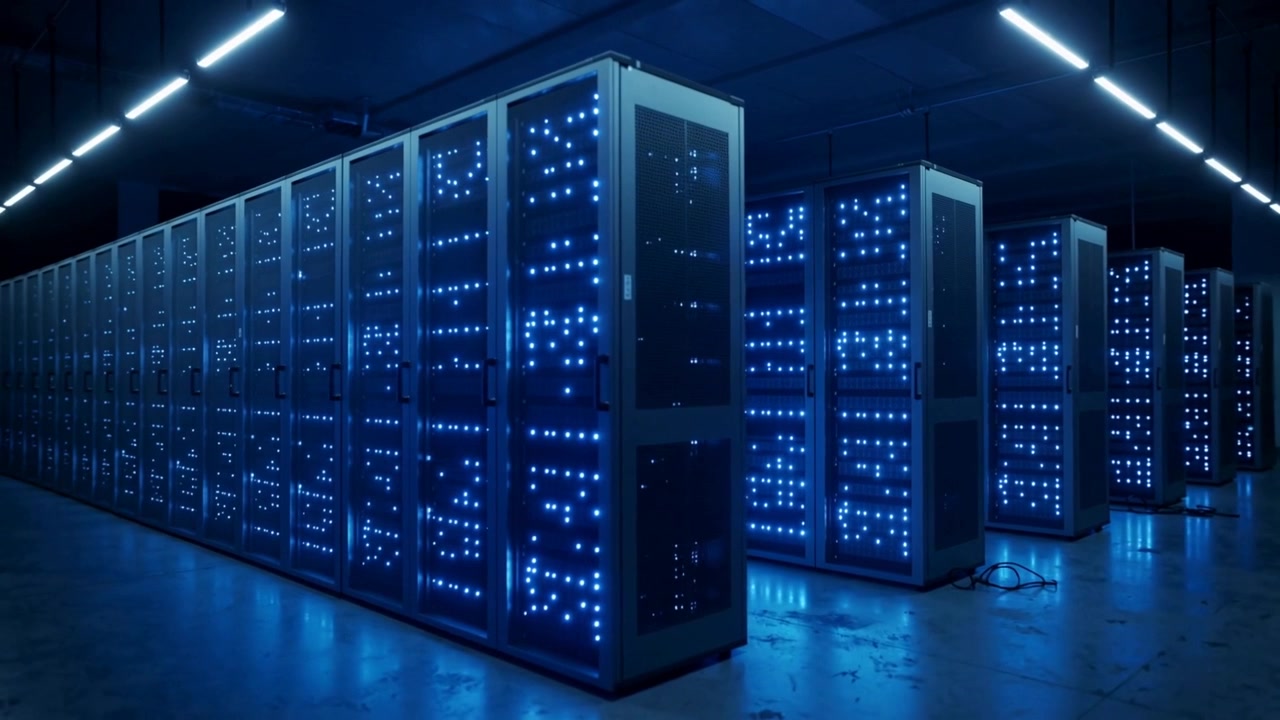 Telecamera che scorre rivelando una lunga fila di rack in una sala server, LED blu che pulsano per mostrare la profondità.