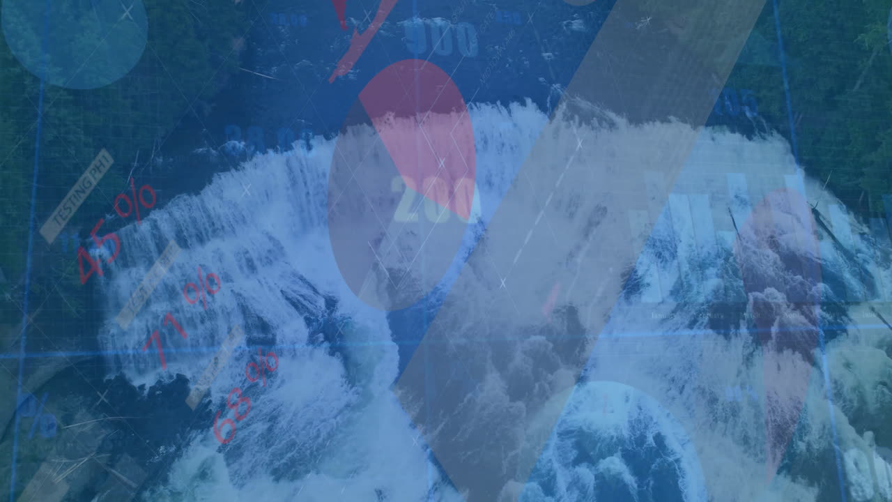 Financial animation overlaying waterfall scene with data and percentage figures