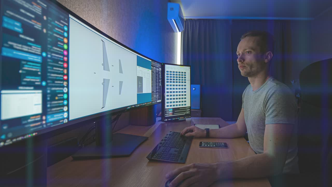 el ingeniero trabajando en una computadora de pantalla ancha detrás de la capa holográfica