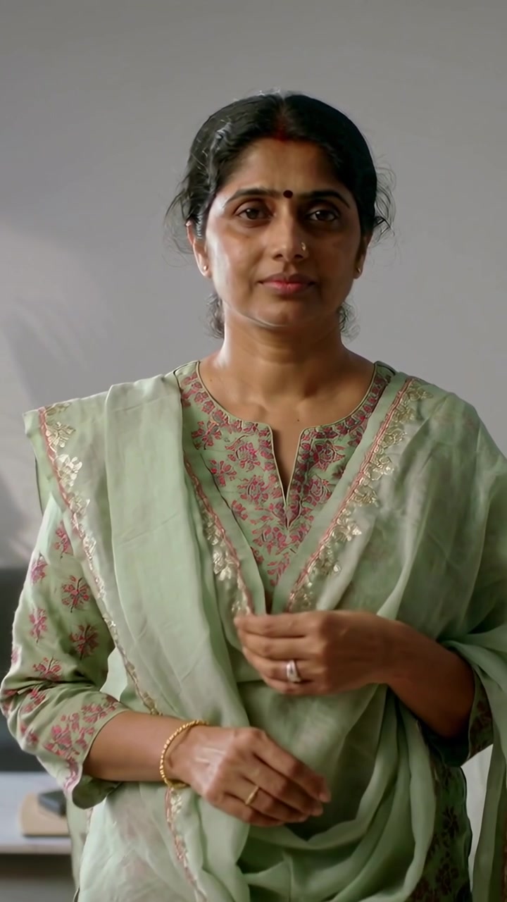 Video verticale: Donna in salwar verde che si allunga per sistemare il dupatta a casa, con divano e braccialetti