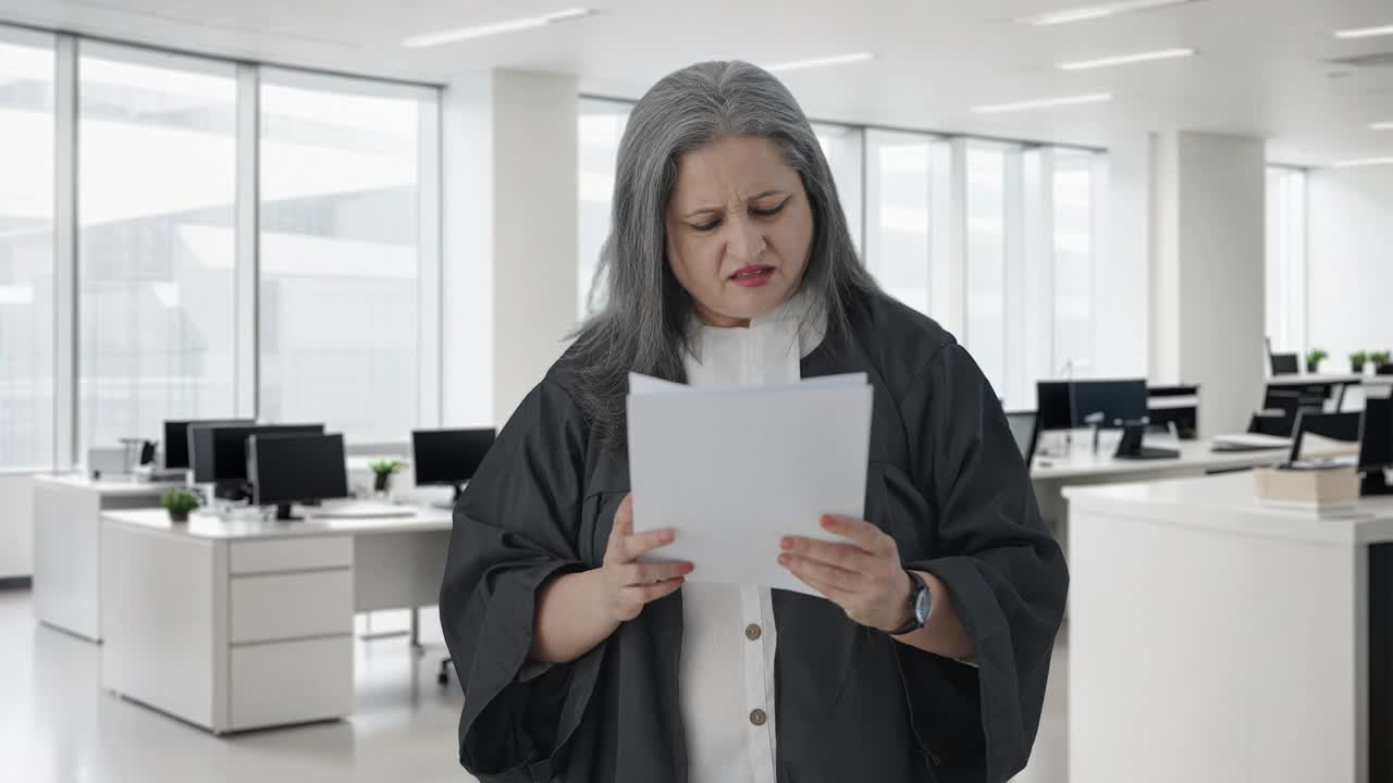 uma advogada indiana confusa a ler relatórios de casos.