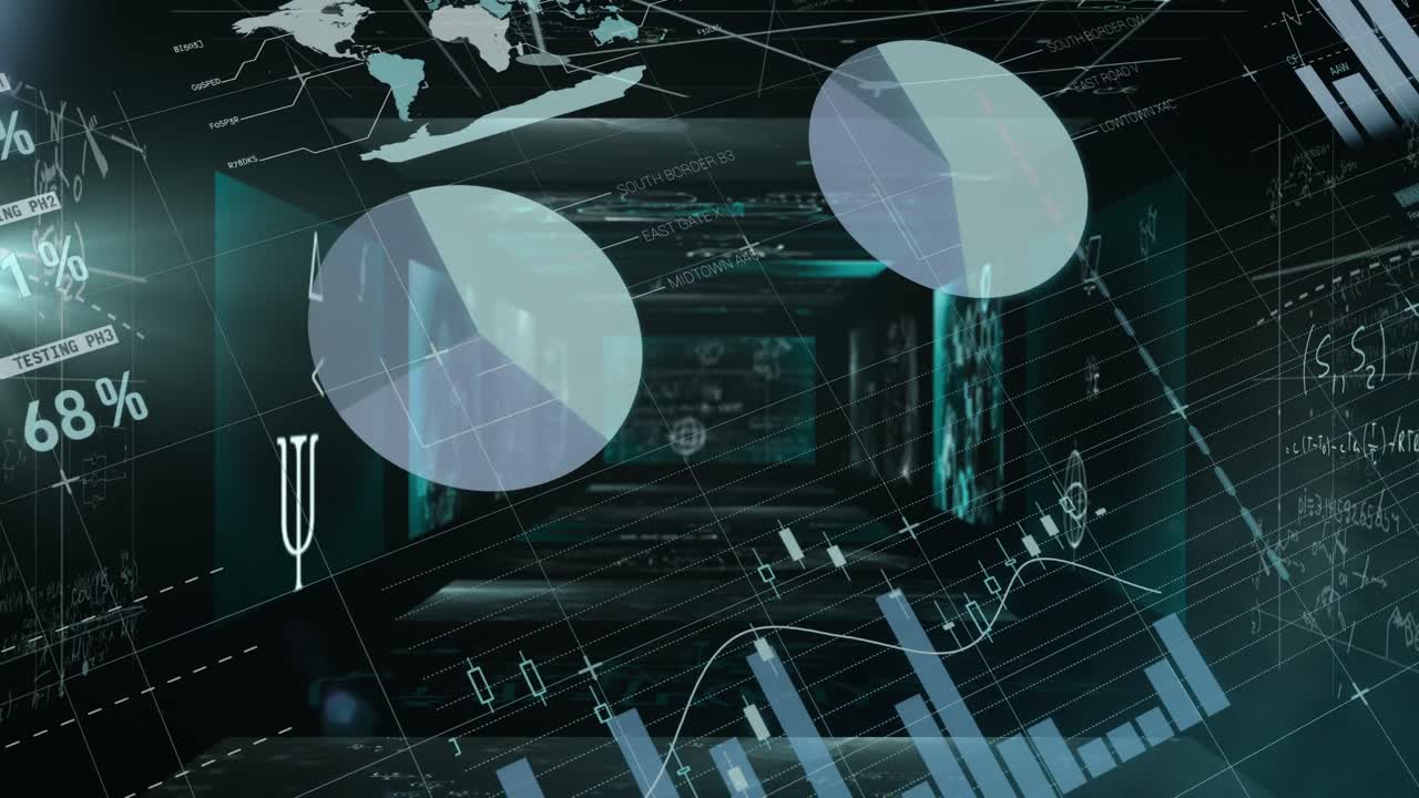 Statistical data processing against screens with mathematical equations on black background