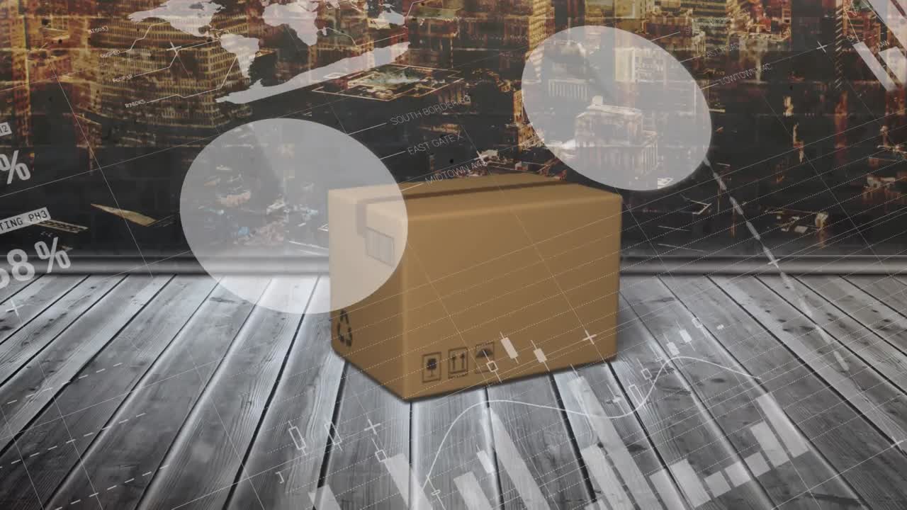 카드보드 상자와 도시 풍경 위에서 통계 처리의 애니메이션