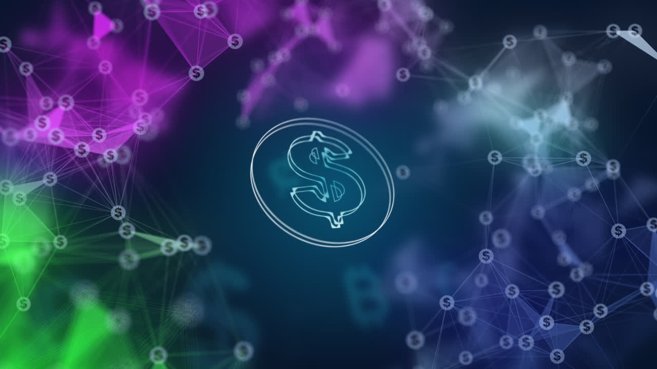 Animated dollar symbol in a circle. Futuristic blue 3D background with moving money. Plexus lines.