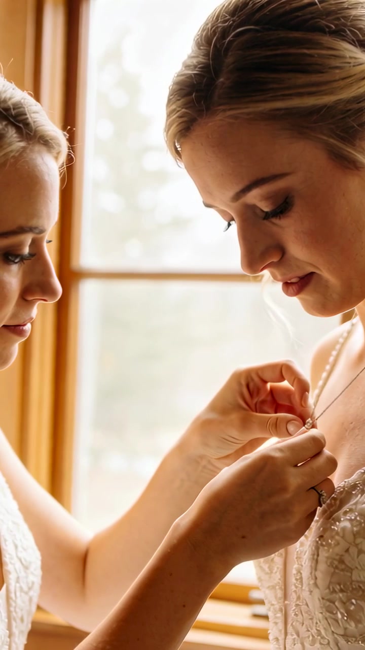 Vertical video: Placing chain, helper fastening clasp at bride's lace gown by window for ceremony