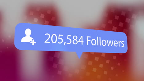 social media follower count animation over colorful blurred background with squares