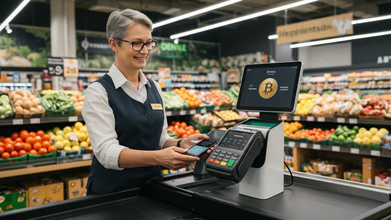 A cashier at a grocery store efficiently uses a digital payment system to process a transaction with Bitcoin, highlighting the integration of cryptocurrency in everyday shopping experiences