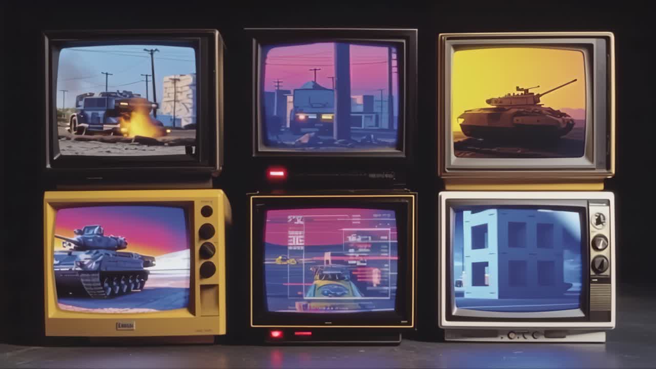 Stack of vintage CRT televisions displaying stylized animated tanks, explosions and urban warfare scenes, blending retro technology aesthetics with modern military combat simulation visuals