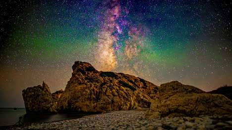 timelapse shot of colorful night sky stars milky way through the night over rocky beach