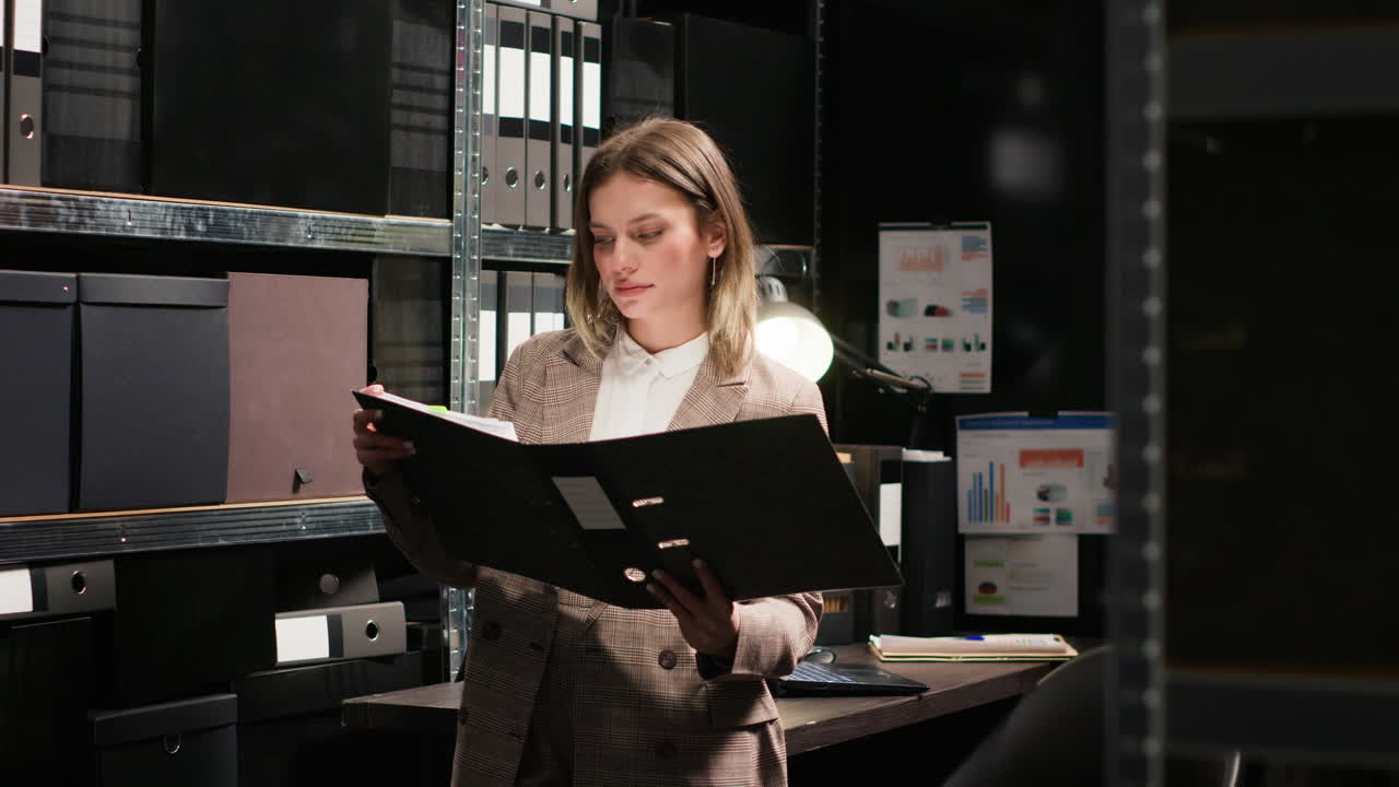 A businesswoman in an office is holding a folder