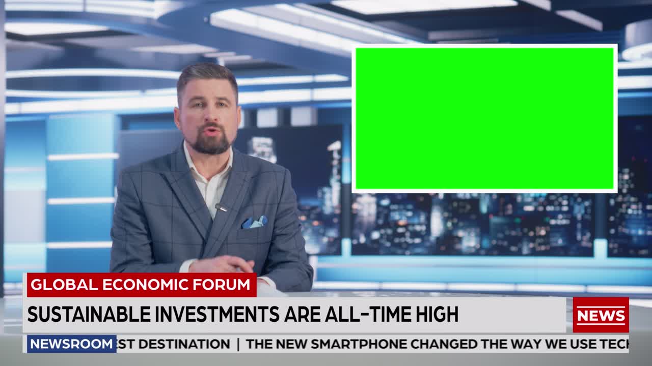 Newsroom TV Studio Live News Program: Caucasian Male Presenter Reporting, Green Screen Chroma Key Screen Picture. Television Cable Channel Anchor Talks, Listens. Network Broadcast Mock-up Playback