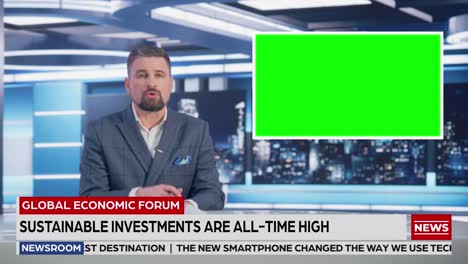 newsroom tv studio live news program: caucasian male presenter reporting, green screen chroma key screen picture. television cable channel anchor talks, listens. network broadcast mock-up playback