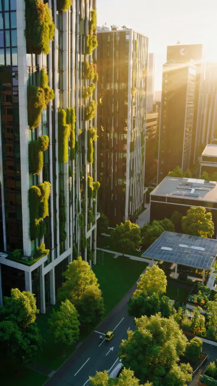 Vista aérea de arranha-céus ecológicos com jardins verticais ao pôr do sol, capturando o verde urbano