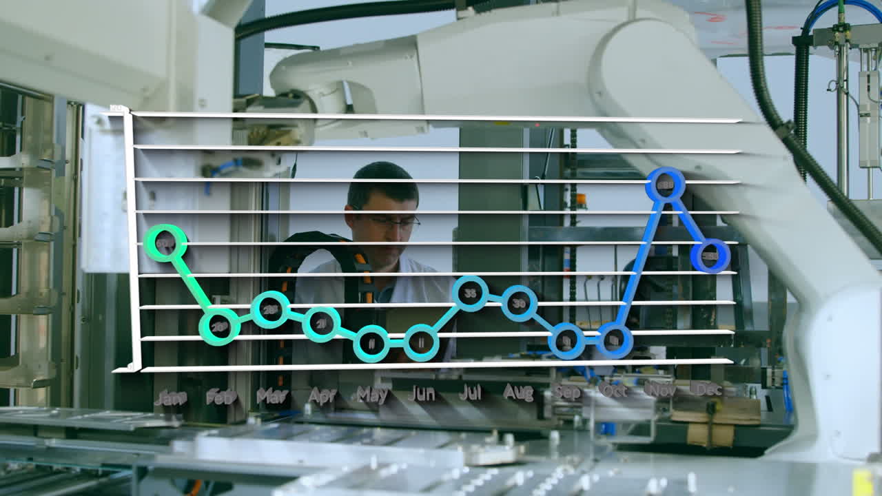 Animation af databehandling over en kaukasisk mandlig medarbejder, der bruger en tablet.