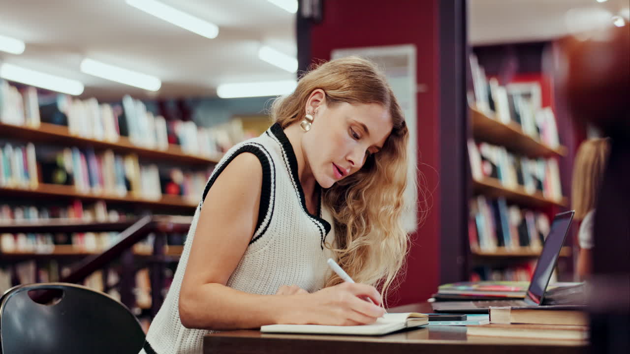 A woman studying in a library