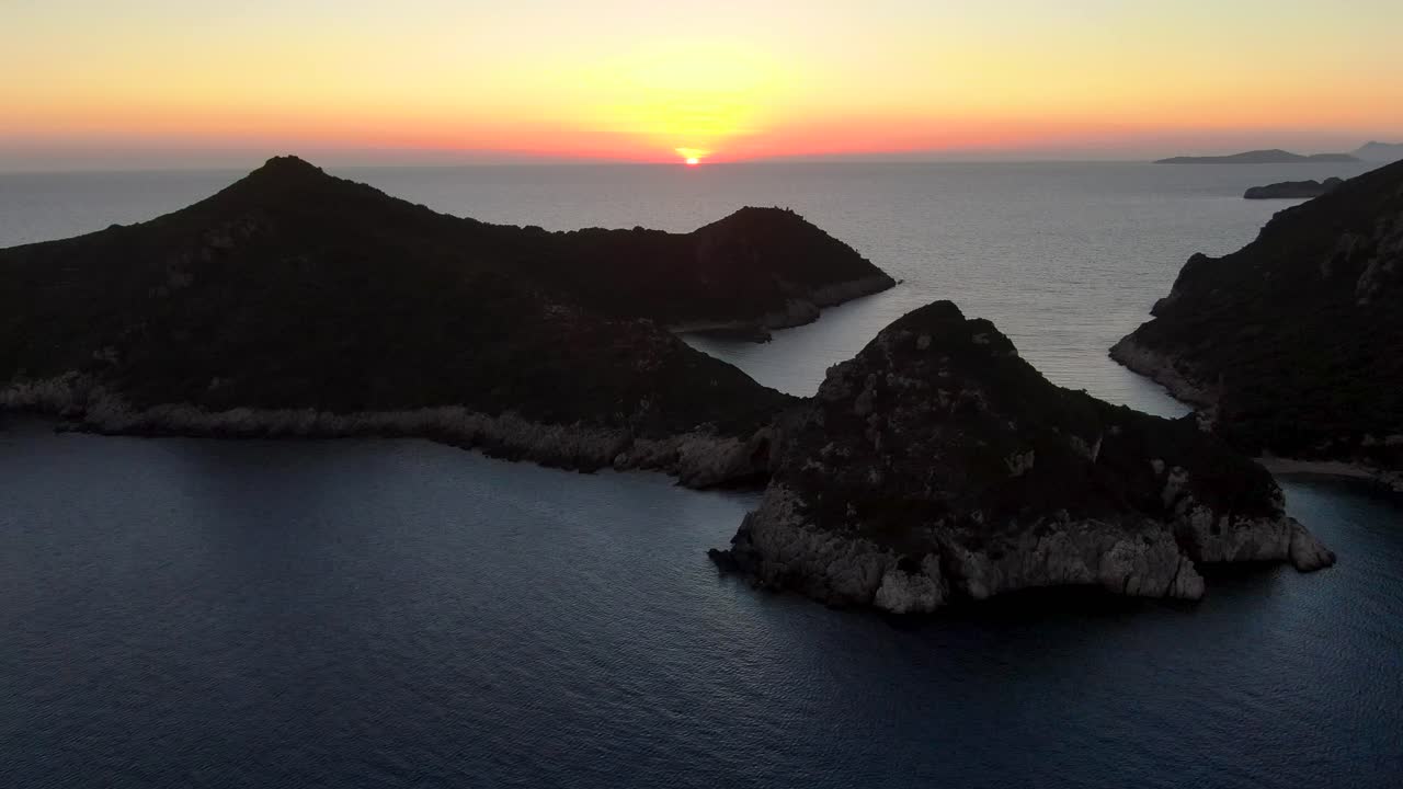 Aerial view of sunset in porto timoni beach in corfu island Greece