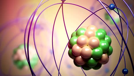 elementary particles moving in atom. physics concept. 3d rendered looping animation.