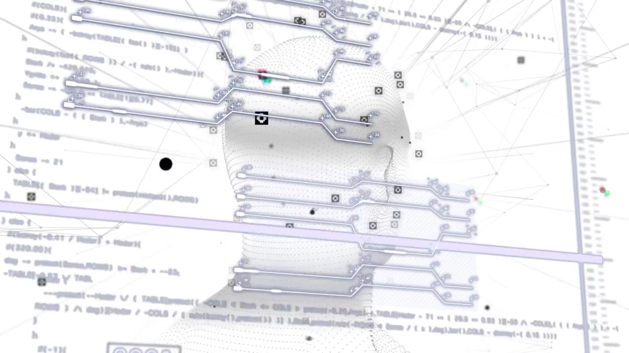 Timeline sweeping right, dotted mesh head showing overlays, nodes connecting, mapping data network