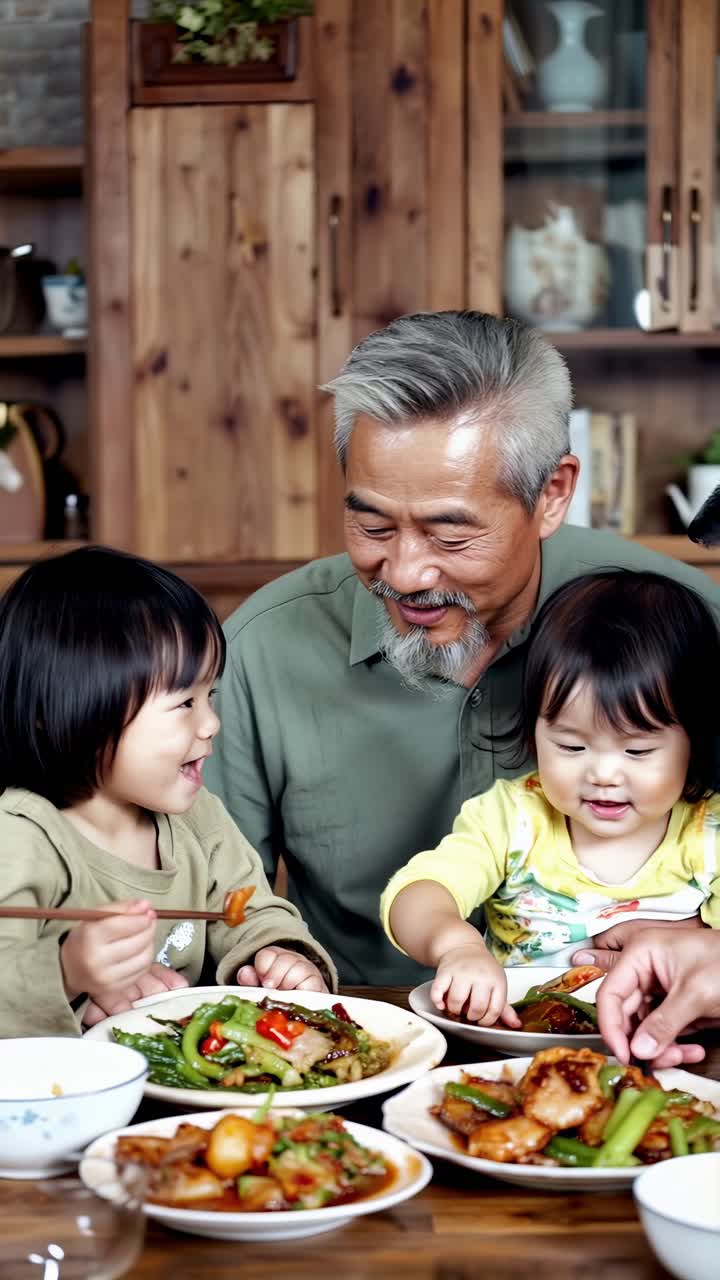 Happy asian family sharing stories over lunch at home.