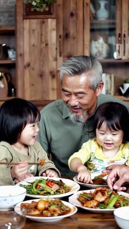 happy asian family sharing stories over lunch at home.