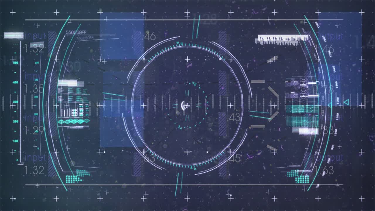 Animation of viewfinder, glitch and financial data on digital screen