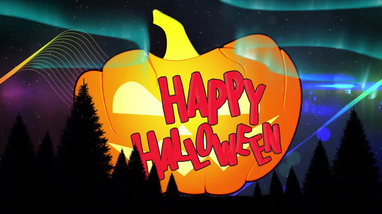 Zucca di Halloween luminosa con animazione di Happy Halloween su cielo notturno e alberi