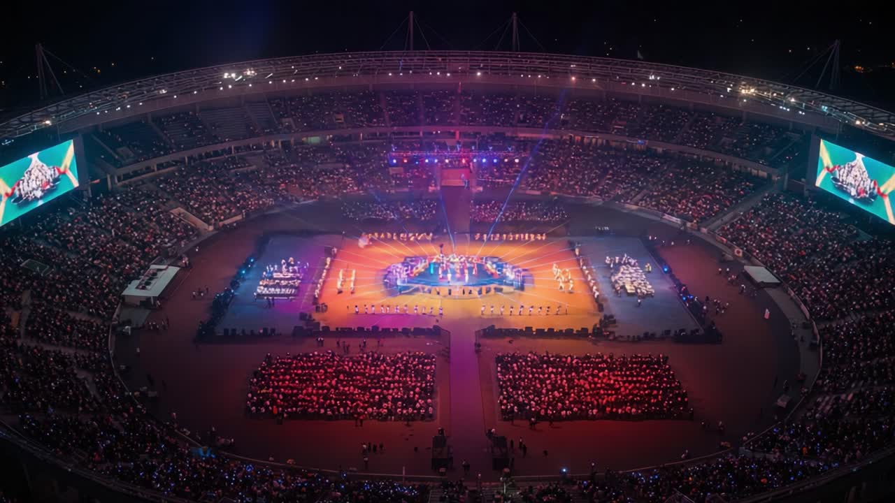 A Spectacular Night Performance in a Grand Stadium: Enthralling Lights and Colors Captivating a Large Audience in an Outdoor Venue
