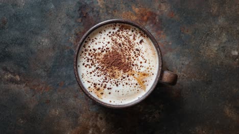 primer plano de una taza de capuchino con polvo de chocolate en la parte superior