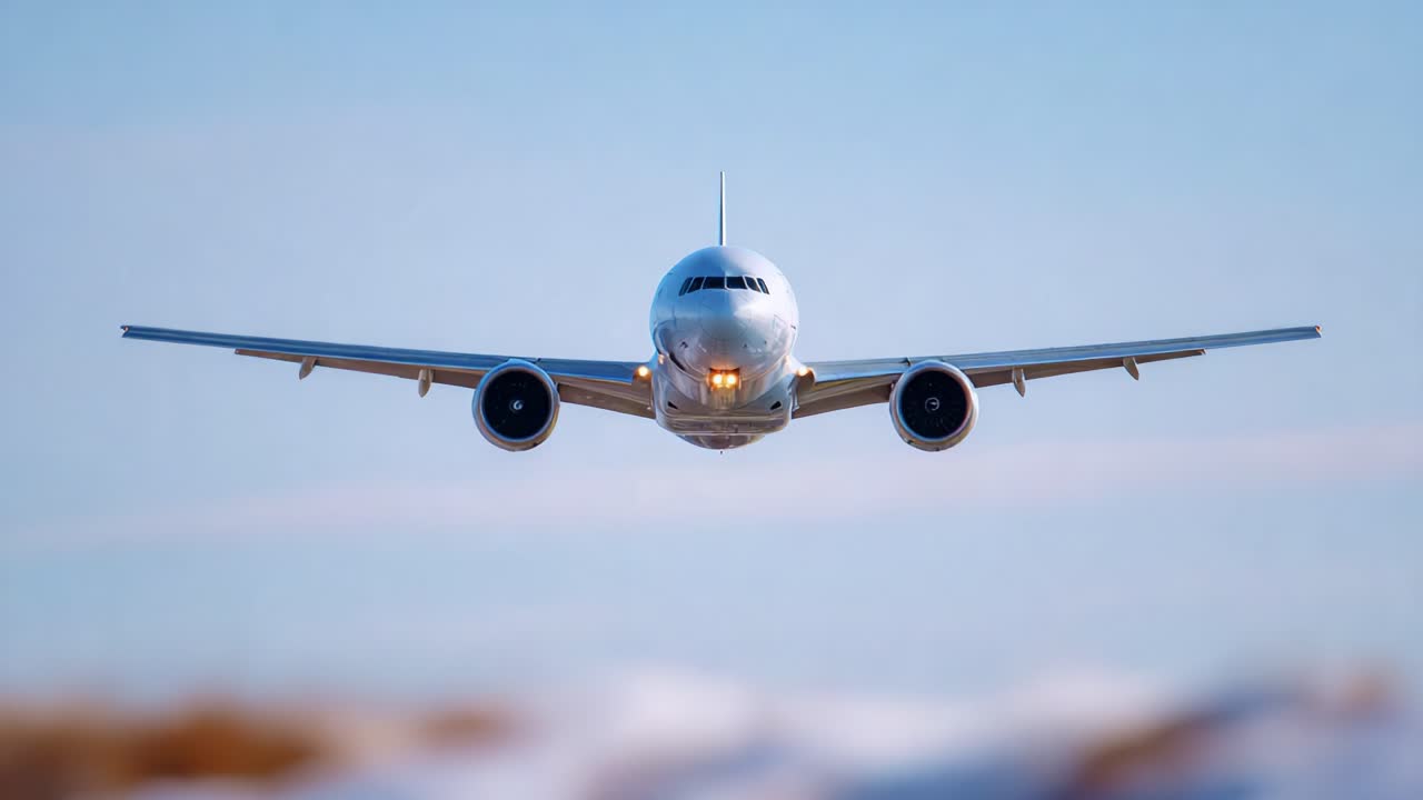 Vista frontale di un aereo in fase di atterraggio con cielo sereno e velivolo sullo sfondo, che mostra l'aerodinamica e la tecnologia aeronautica in azione