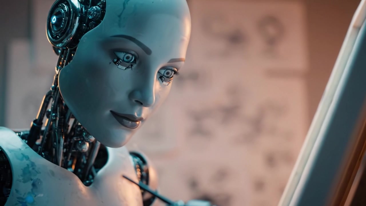 Un artista robotico crea meticolosamente opere d'arte intricate usando un pennello, mostrando la fusione di tecnologia e creatività in un'ambientazione futuristica.