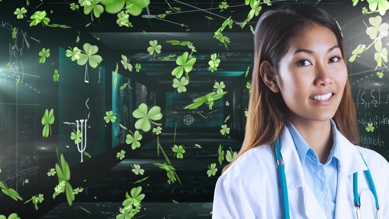 수학적 방정식의 애니메이션과 아시아 여성 의사에 대한 클로버