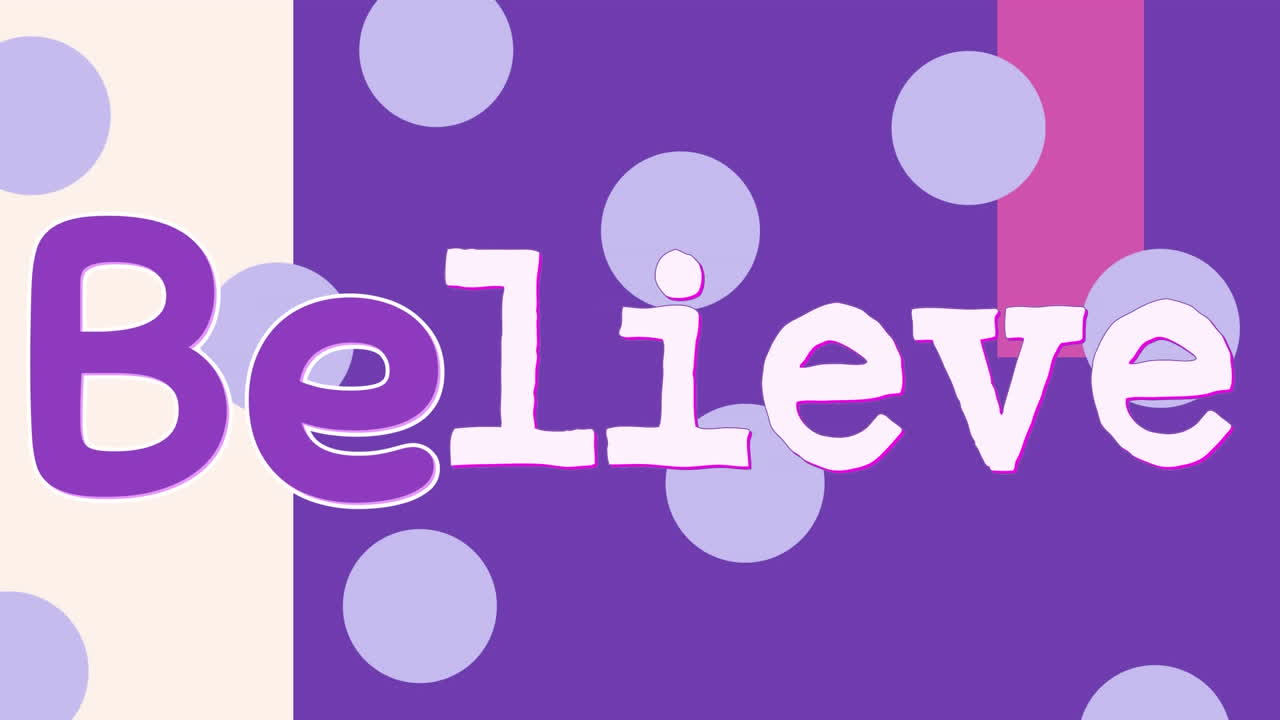 Animation of text, believe, in purple and white, on white and purple with lilac dots