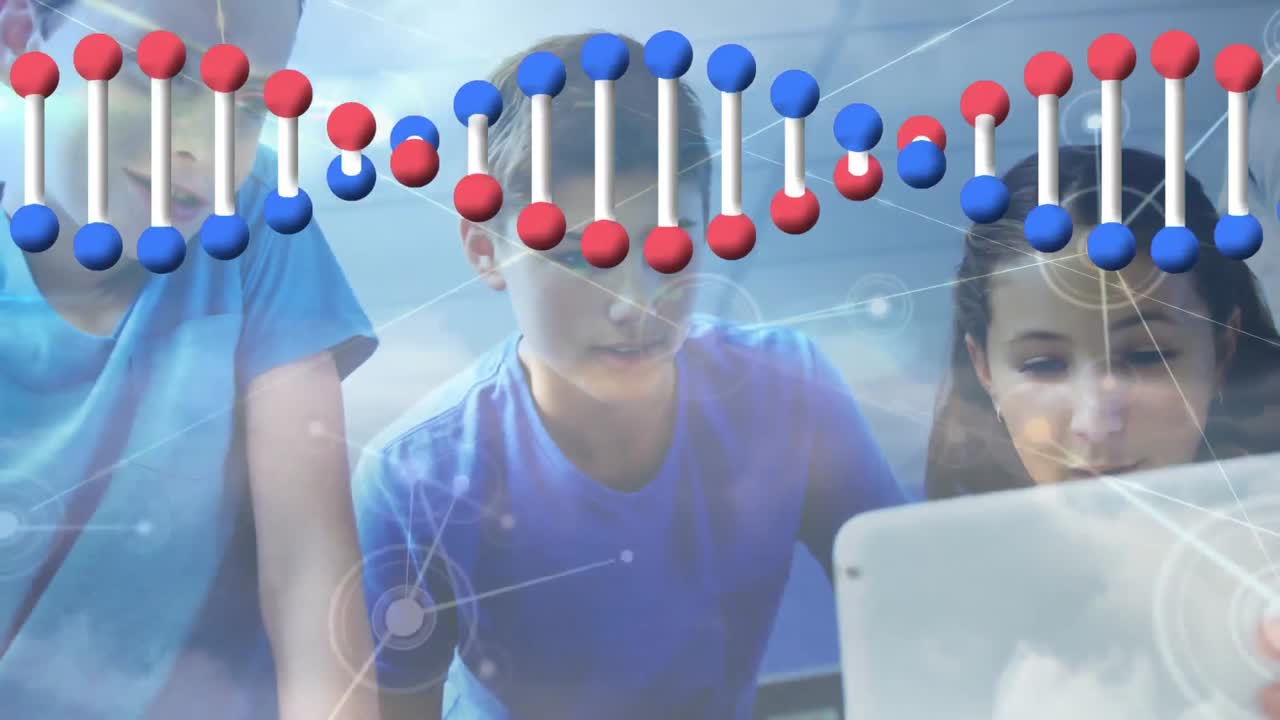 노트북을 사용하여 어린이를 통해 dna 가닥과 연결 네트워크의 애니메이션