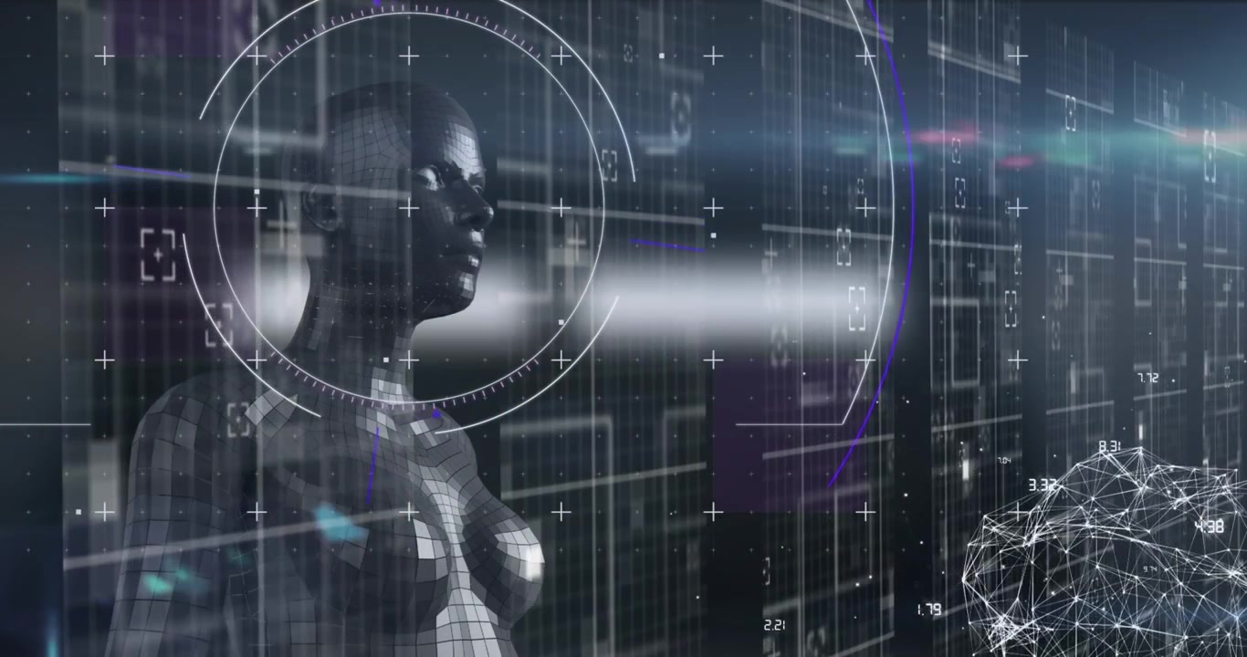 AI Humanoid with Digital Data and Futuristic Interface