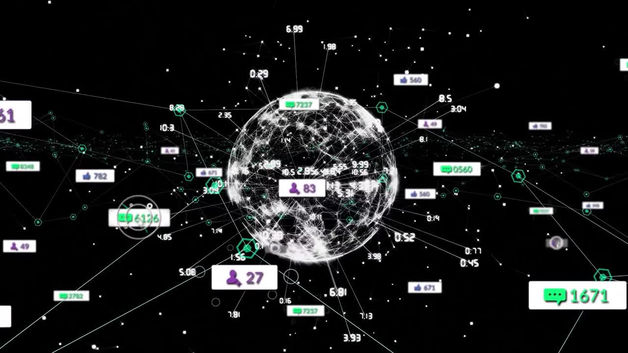 디지털 아이콘 네트워크와 검은색 배경에 회전하는 지구를 통해 소셜 미디어 아이콘의 애니메이션