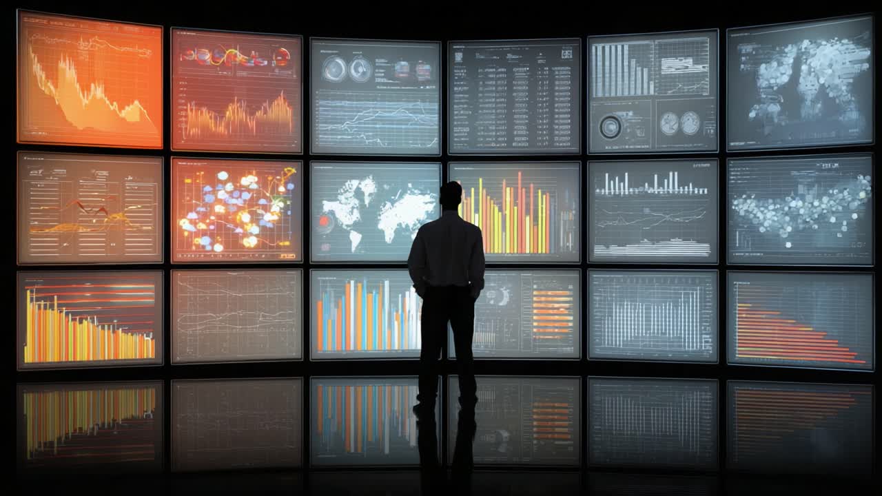 Data Analysis in Action: An Individual Observes Complex Visualizations and Statistical Graphs Displayed Across Multiple Screens in a Modern Analytical Environment