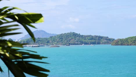a tranquil ocean scene with lush greenery and distant hills under bright daylight, captured in phuket, thailand