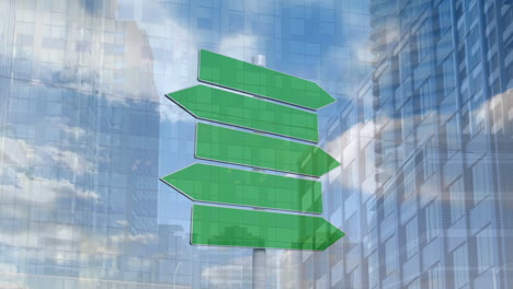 animación de un letrero verde sobre el paisaje urbano
