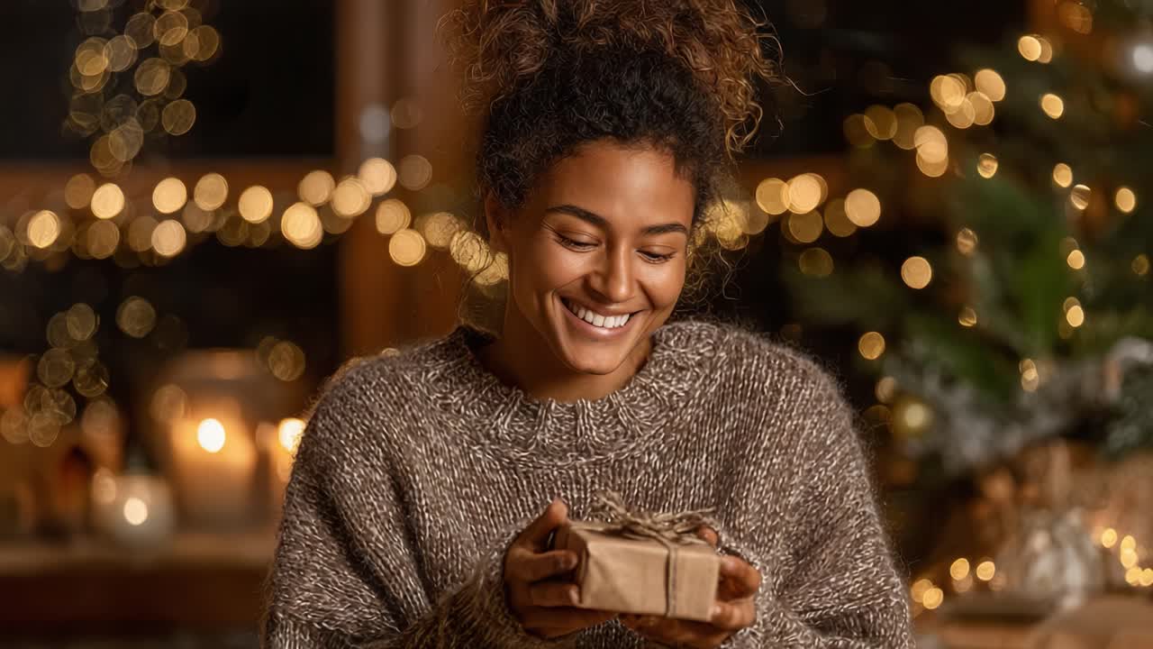 A Joyful Moment of Anticipation: A Young Woman Enthusiastically Unwrapping a Garnished Gift Amidst a Warm, Festive Atmosphere with Sparkling Lights