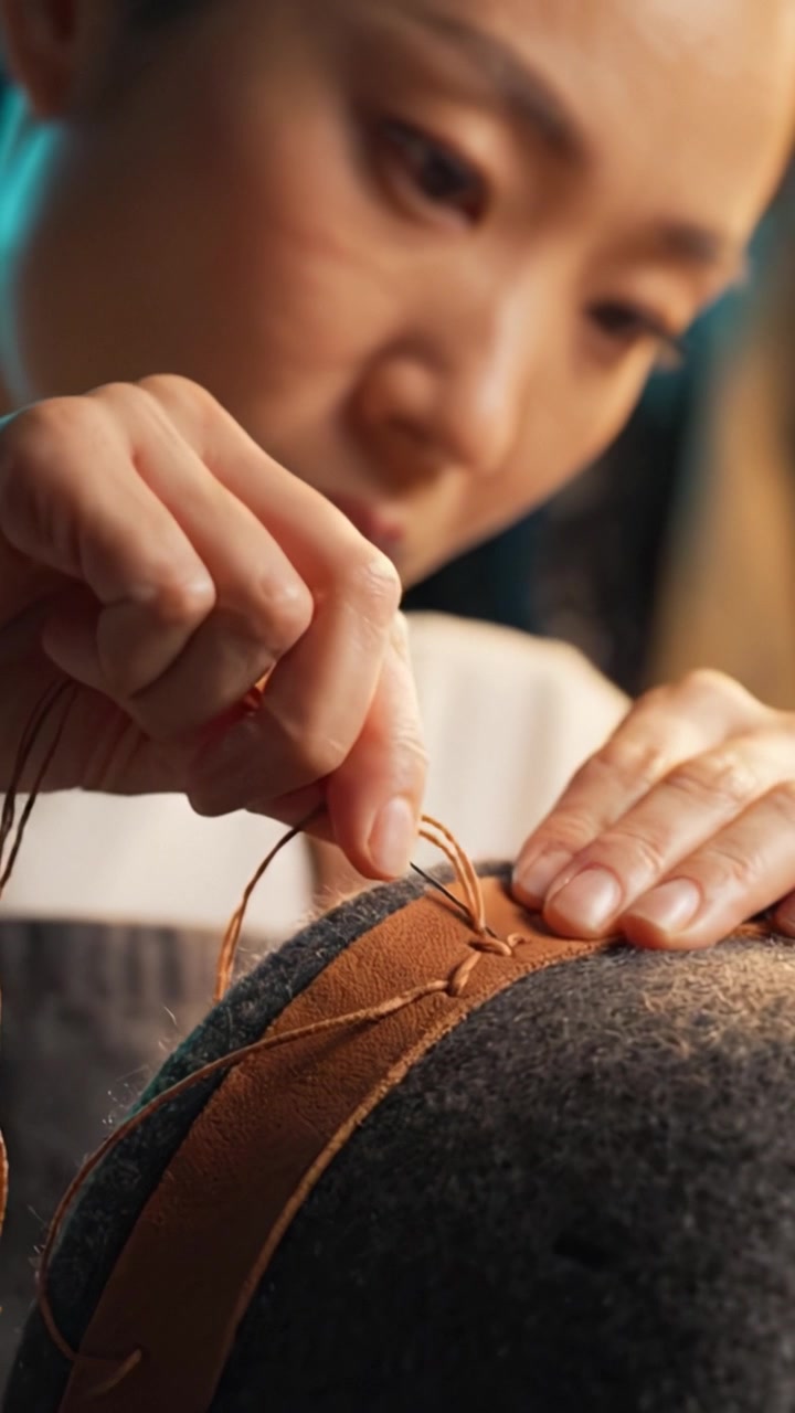 Expert Craftsmanship in Action: A Skilled Artisan Engages in the Intricate Art of Sewing Leather onto a High-Quality Felt Hat for Improved Style and Comfort