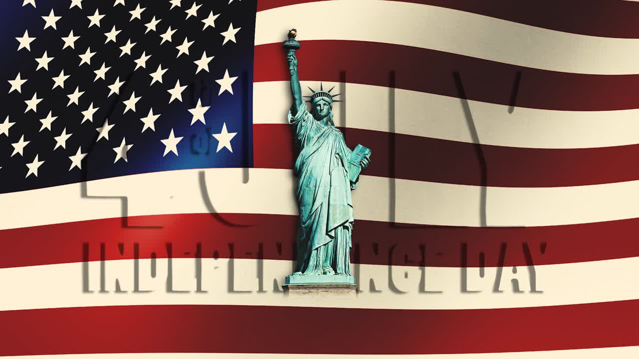 자유의 동상과 문장 - 7월 4일 독립의 날 - 배경에는 흔들리는 미국 발이 있습니다.