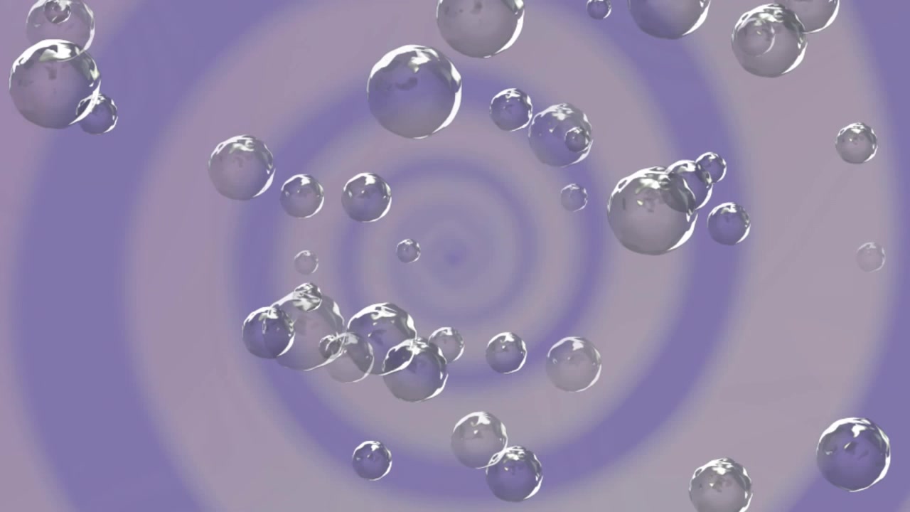Bolle trasparenti che fluttuano sopra uno sfondo a spirale viola rotante.