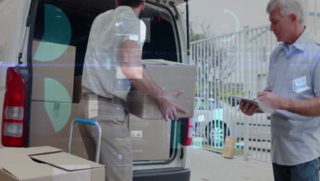 animación del procesamiento de datos sobre el hombre empacando cajas en el coche