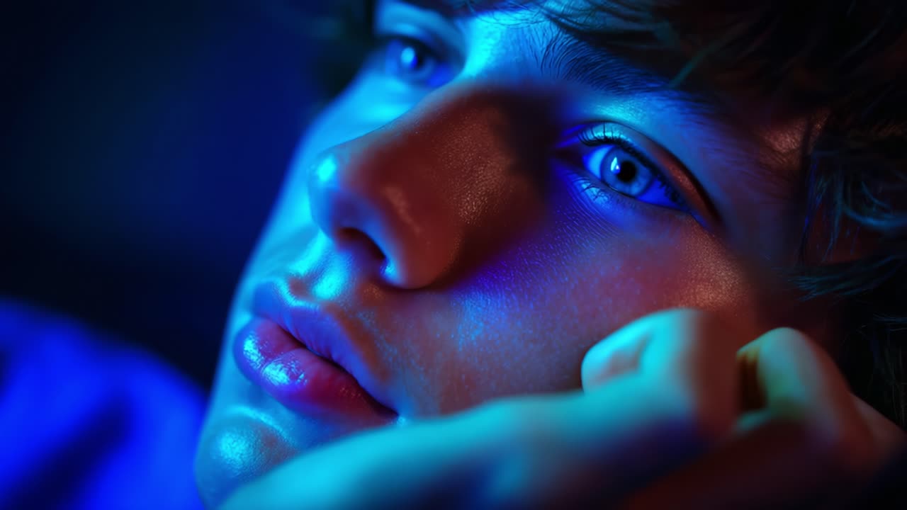 A close-up view of a contemplative youth illuminated by vibrant blue and purple light, capturing a moment of deep thought and reflection, showcasing striking features and expressive emotions in a captivating manner