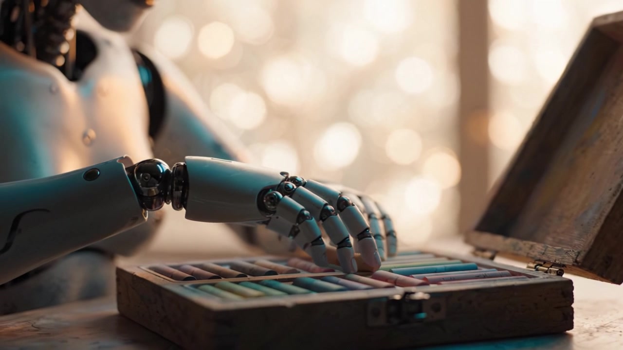 En robotisk hånd vælger delikat farver fra en pastelæske, der viser skæringspunktet mellem teknologi og kreativitet i en kunstnerisk atmosfære af blødt lys